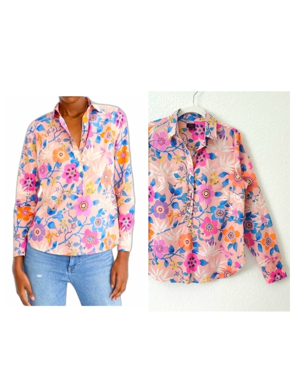 J. Crew Liberty Cotton Pavilion Floral Vibrant Pink Classic Popover Shirt Top 6
